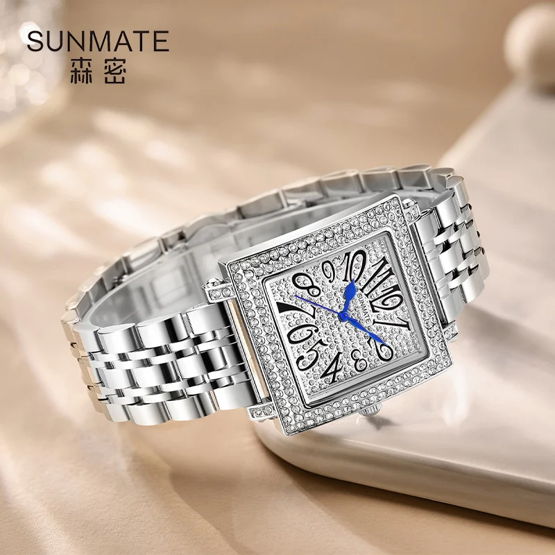 2025 Hot Selling Brand SUNMATE Stainless Steel Strap Watch Women Luxury Gift Quartz Watch Student Fashion Diamond Square Watch