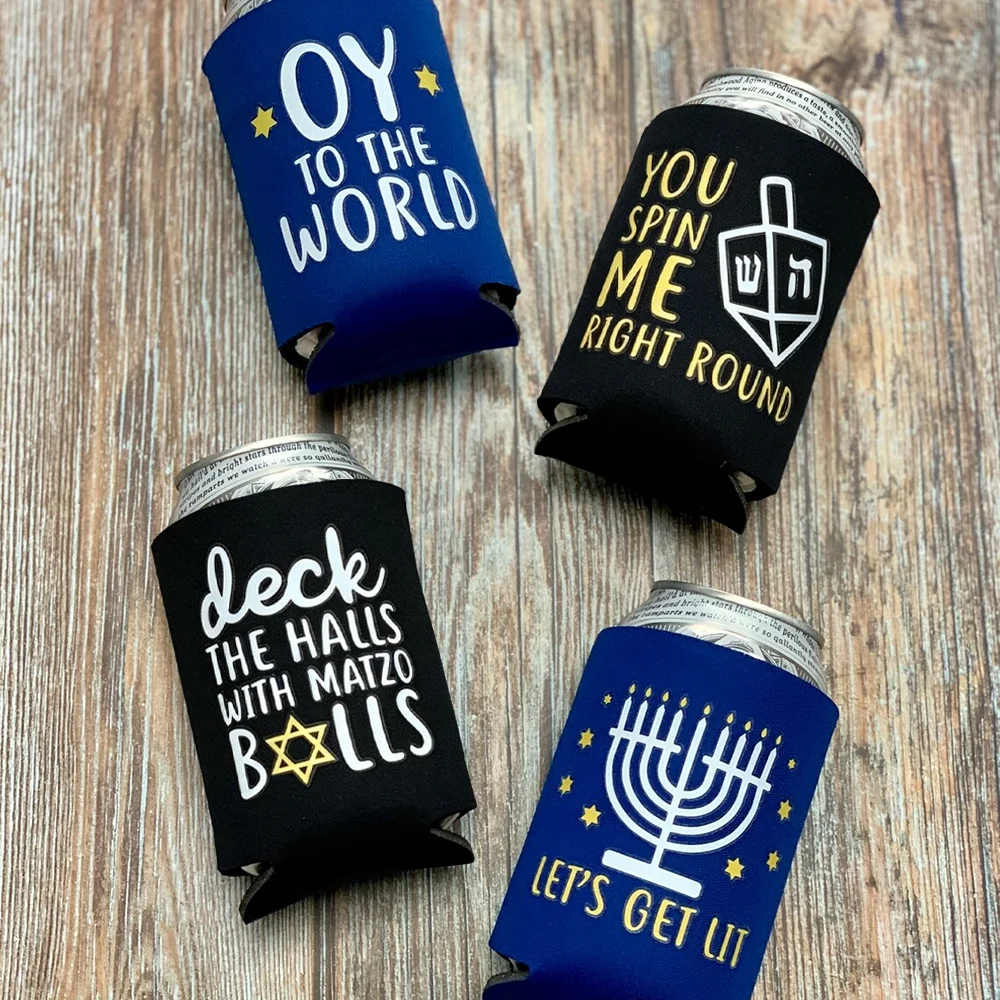4Pcs Hanukkah Can Coolers Let's Get Lit Chanukiah Dreidel Design Chanukah Party Favor Desktop Decoration Jewish Holiday Supplies