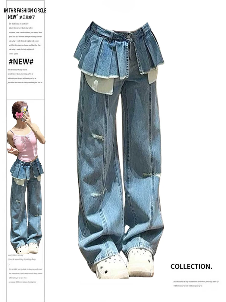 2025 Autumn Winter Women 2000s Fake Two Pieces Flare Denim Pants Y2k Japanese Streetwear Designer Jeans Kpop Bell Bottom New In