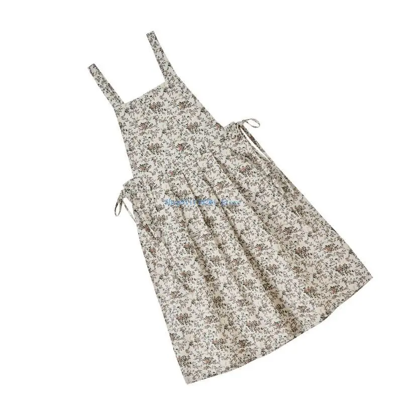 

H05E Printed Dress Apron Cotton Waterproof Garden Print Flower Apron Adjustable Strap