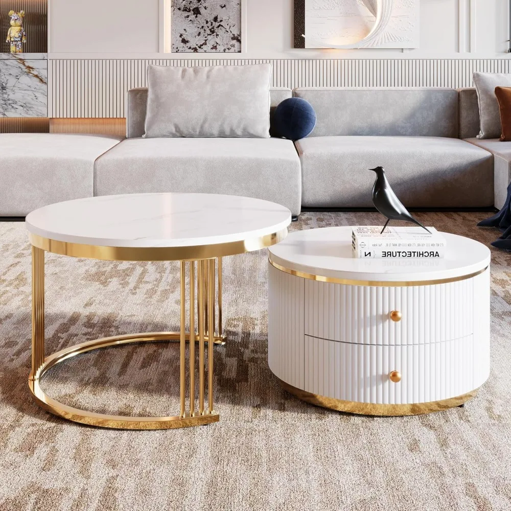 

Modern White Round Nesting Coffee Table Set with Drawers and Gold Legs for Living Room