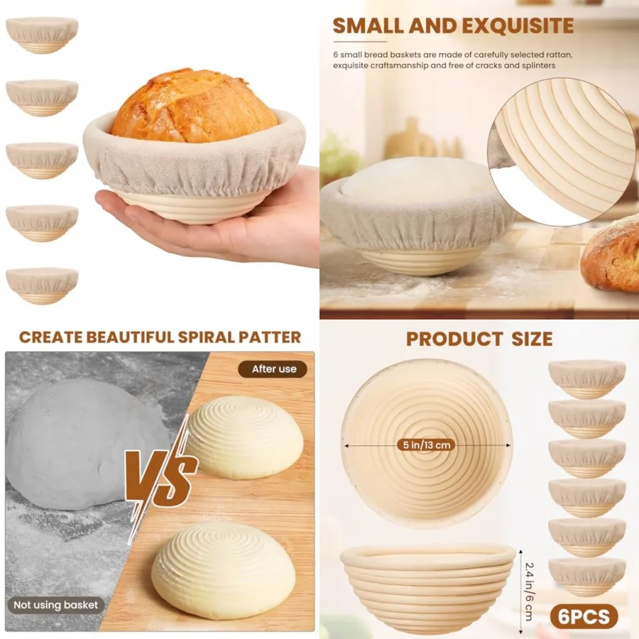 

5 Inch Banneton Bread Proofing Basket Set of 6, Mini Sourdough Bread Baking Supplies, Small Banneton Basket Proofing Baskets fo