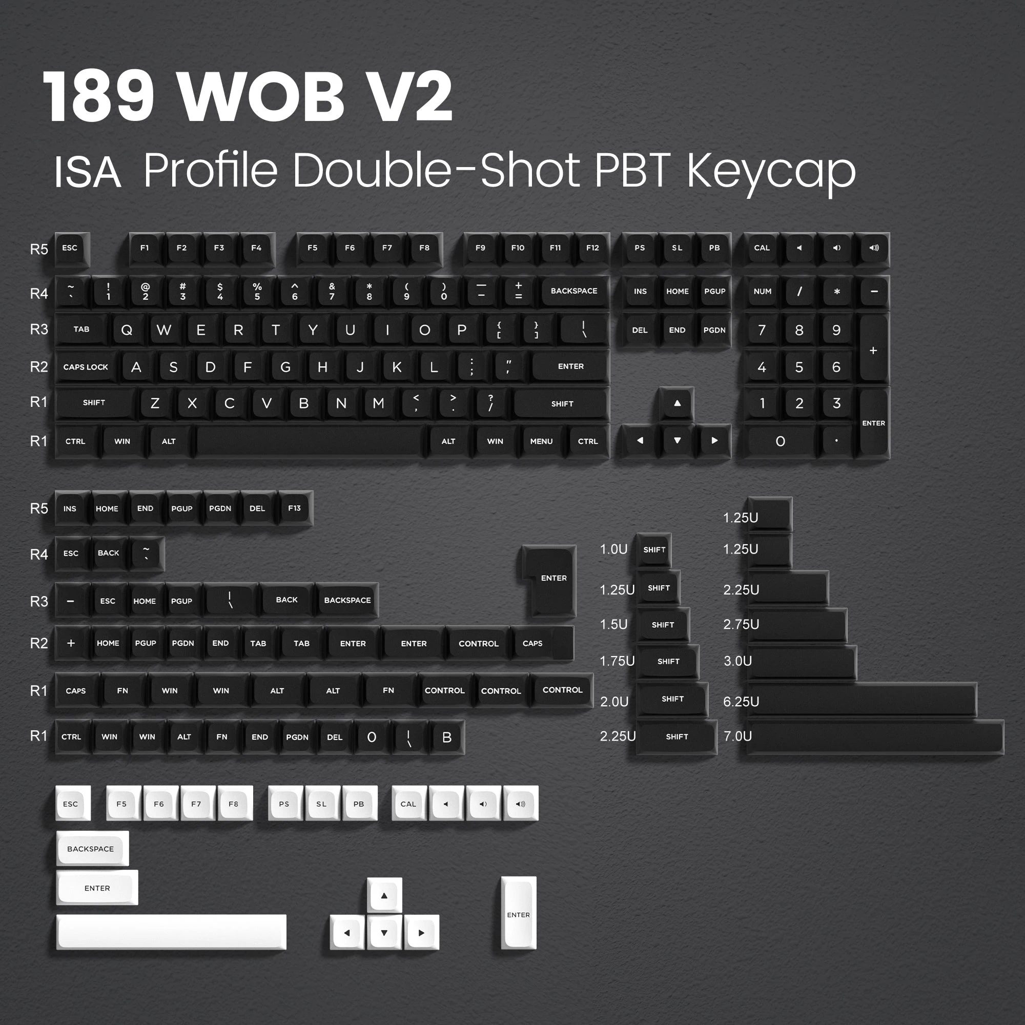 189 Keys Custom Minimalist Style PBT Keycap WOB/BOW Double Shot Keycaps ISA Profile for Gateron MX Switches Mechanical Keyboard