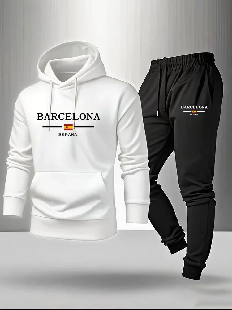 Conjunto de 2 piezas de ropa deportiva para hombre: sudaderas con capucha y pantalones de chándal estampados, ideales para gimnasio, deportes al aire libre, correr y fitness en otoño e invierno.