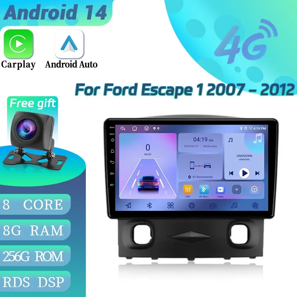 

Автомобильный радиоприемник, мультимедийное видео GPS для Ford Escape 1 2007-2012 Android 14, автоматическая навигация, 4G BT, беспроводной Carplay, сенсорный экран, стерео