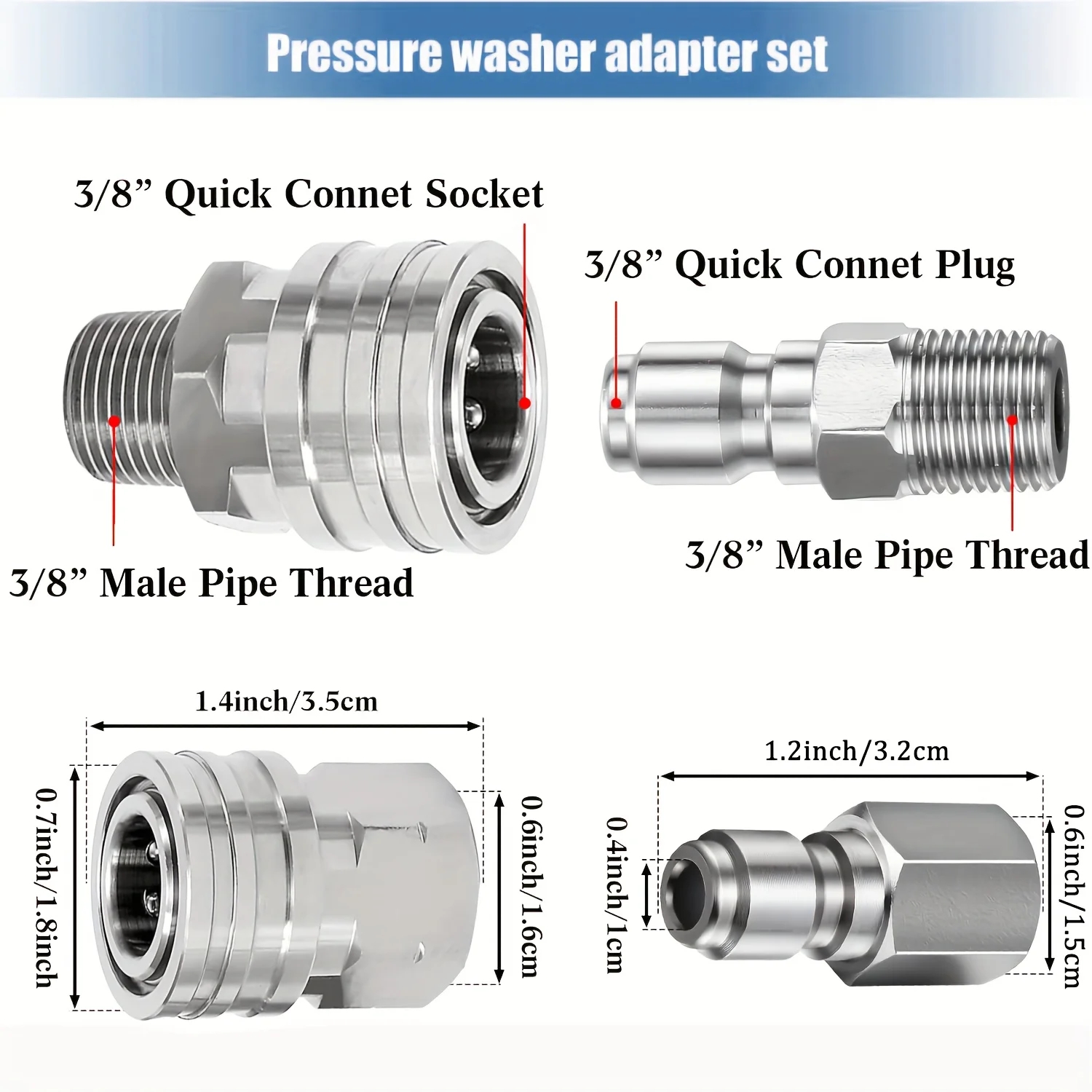 8Pcs Pressure Washer Quick Connect 3/8 Inch, Pressure Washer Fittings, Stainless Steel Adapter Set, Female and Male Thread image 2