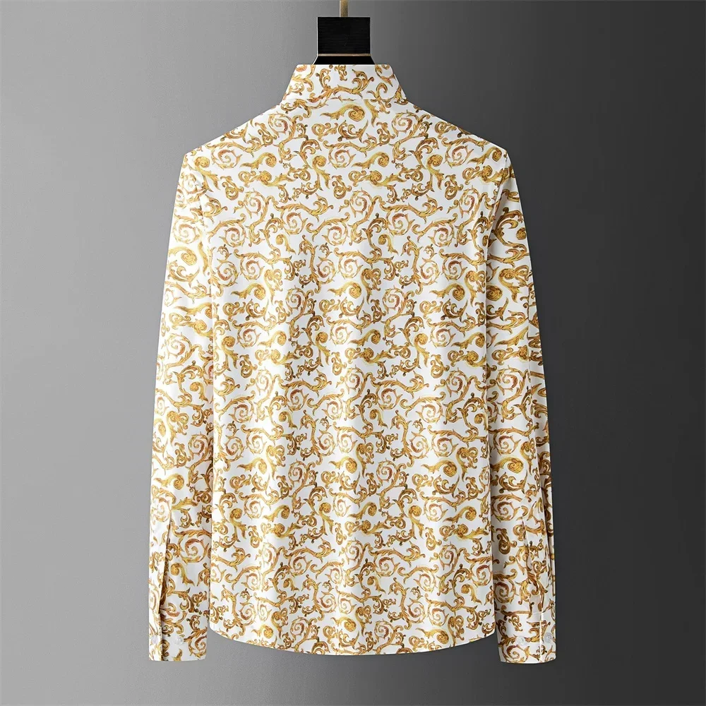 Aautumn Luxury Golden Flower Shirt for Men Fashion Long Sleeved Casual Business Dress Shirts Slim Fit Social Party Tuxedo Blouse