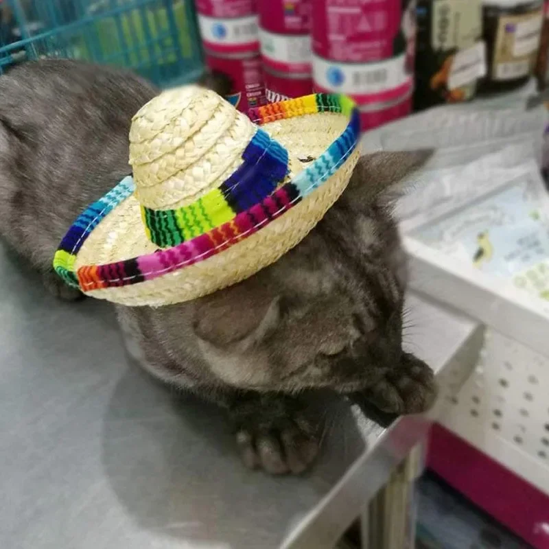 Funny Mexican Sombrero Cap Pet Mini Straw Hat Dog & Cat Straw Sombrero Hat Small Dog Clothes Pet Caps for Halloween Party