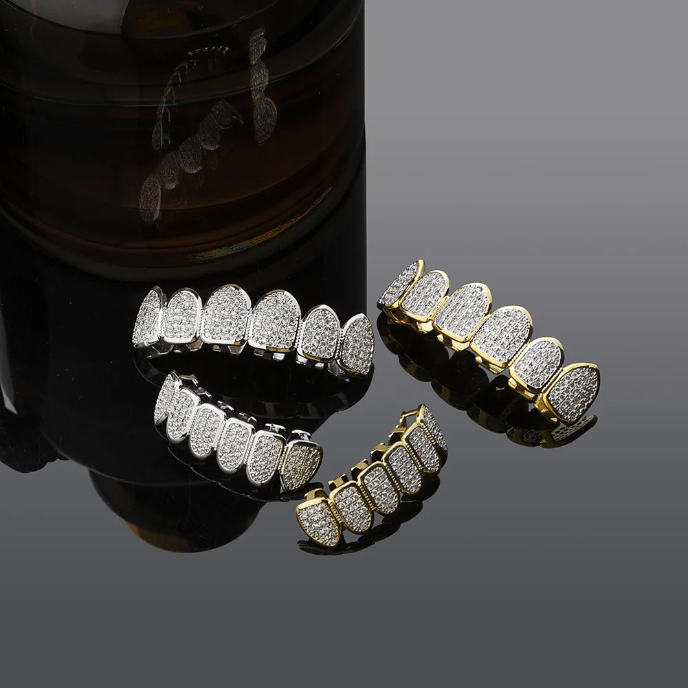TOPGRILLZ Classic 6/6 Hip Hop/Punk Teeth Grillz Set Gold Silver Color Top & Bottom Grills Dental Mouth Caps Cosplay Party