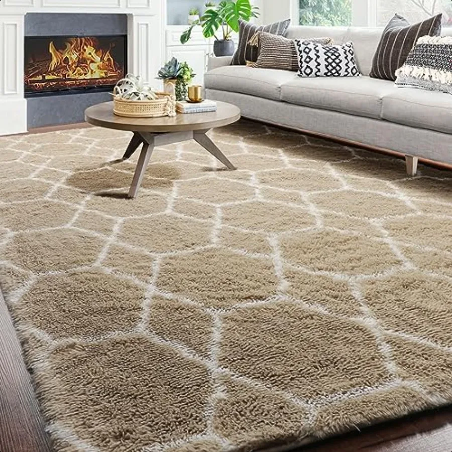 

Living Room Area Rug 6x9 Large Beige and White Geometric Floor Rugs for Bedroom Home Decor Aesthetic Soft Fuzzy Shaggy Plush Fl