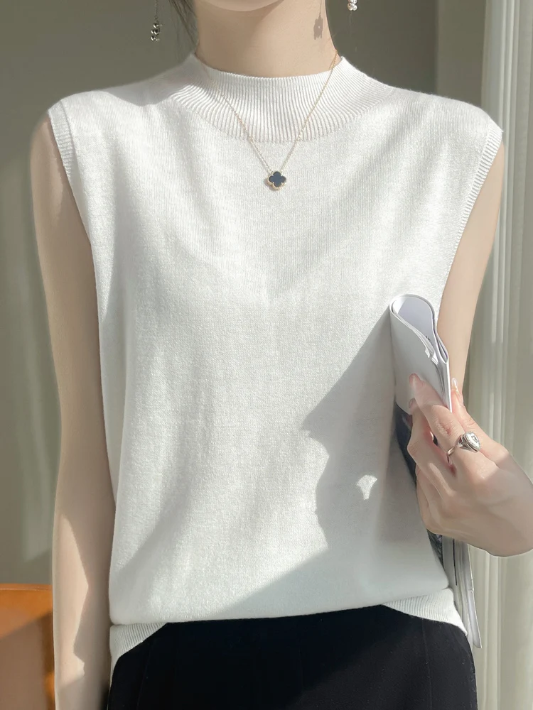 

New Arrivals T-Shirts Worsted Wool Women's Vest Sleeveless Half High Collar Pullovers Slim Fitting Knitted Tees Solid Color Tops