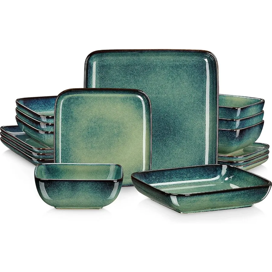 

Stern Green Dinner Set Square Reactive Glaze Dish Set 16 Pieces Kitchen Dinnerware Stoneware Crockery with Dinner Plate Dessert