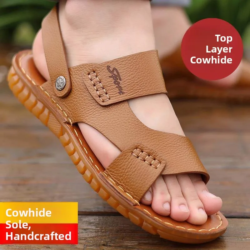 

Handmade Men's Leather Sandals Anti-slip Beach Shoes Breathable Slip-On Casual Flip Flops with Calfskin Sole for Summer