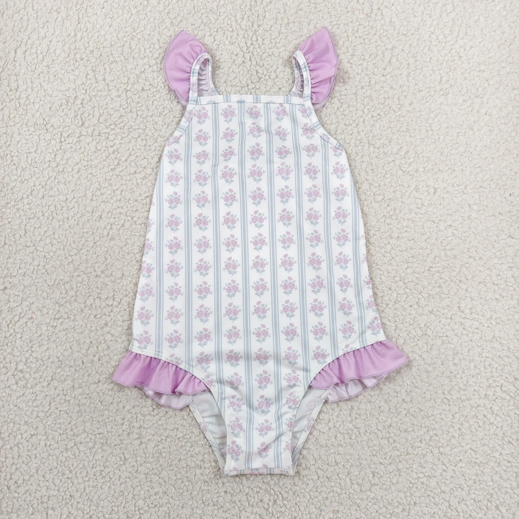 Wholesale Baby Girl Purple Floral Bows Ruffle Swimming Suit Children Toddler Summer Inner Swimwear Infant Swimsuit Kids Clothing