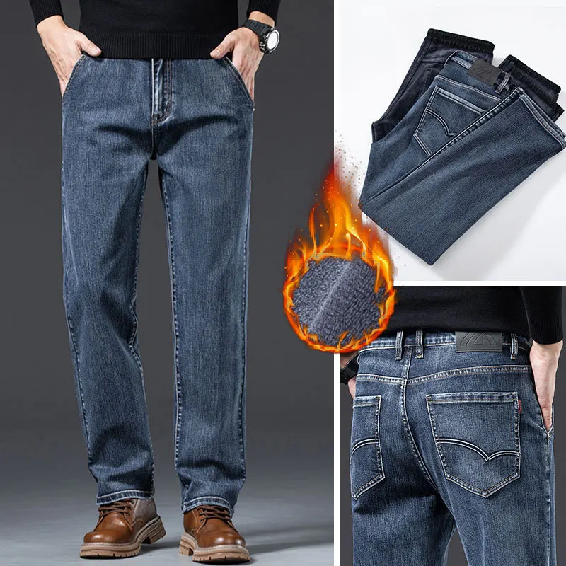 2024 Winter Fleece-lined Warm Jeans Men's Loose Straight plus Size Fashion Trendy Business Classic Denim Pants