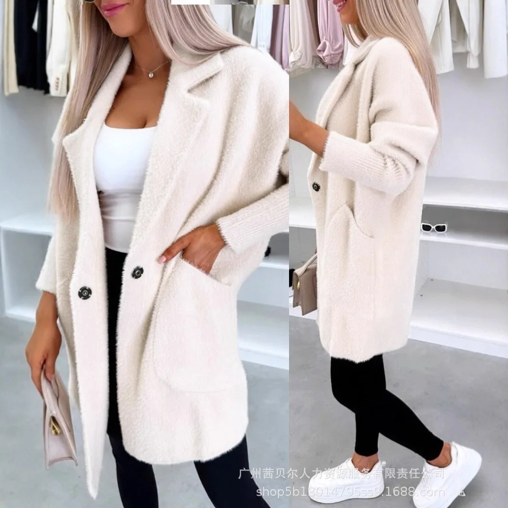 

Новая коллекция Осень-Зима 2026: Утепленное плюшевое пальто с отложным воротником, пуговицами и вшитыми карманами, женская одежда, несколько цветов на выбор