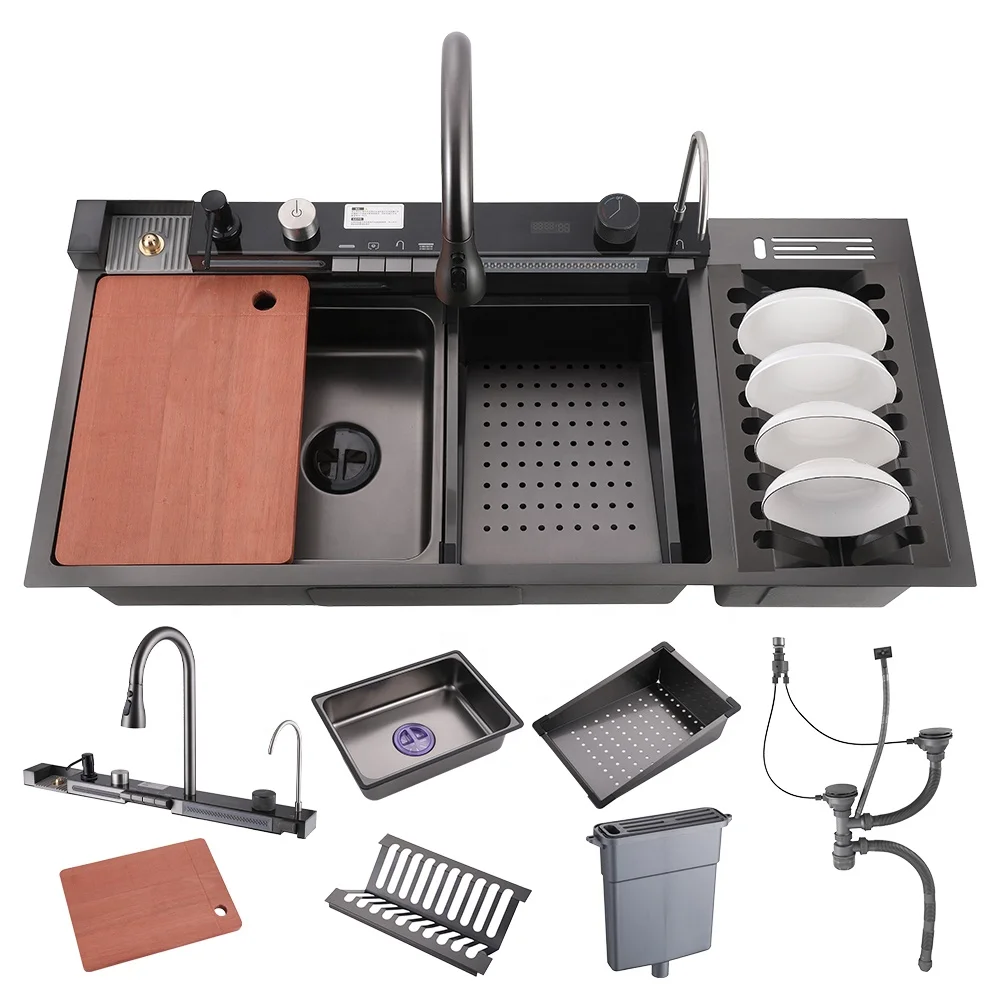 

LED Digital Display Double Bowls Black Luxury Smart Stainless Steel Waterfall Multifunction Kitchen Sink