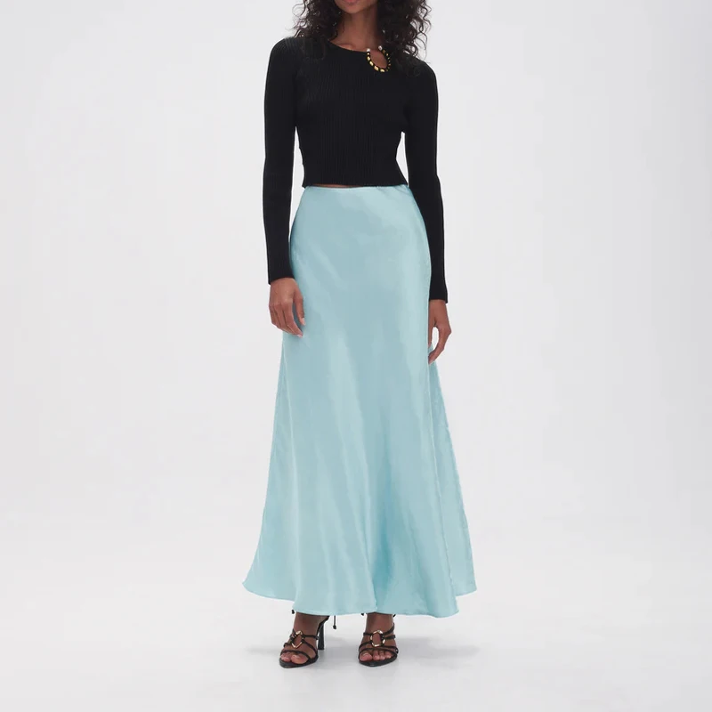 New Arrival Silk Satin Maxi Skirt for Women Blue Green Ankel Length Office Lady Casual Long Skirt Custom Made Bridesmaid Skirts