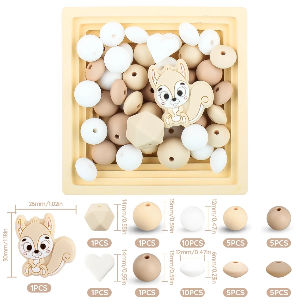 45pcs/Set Squirrel Silicone Beads Baby Round Heart Focal Beads Chew Set Food Grade DIY Pacifier Chain Clips Accessories