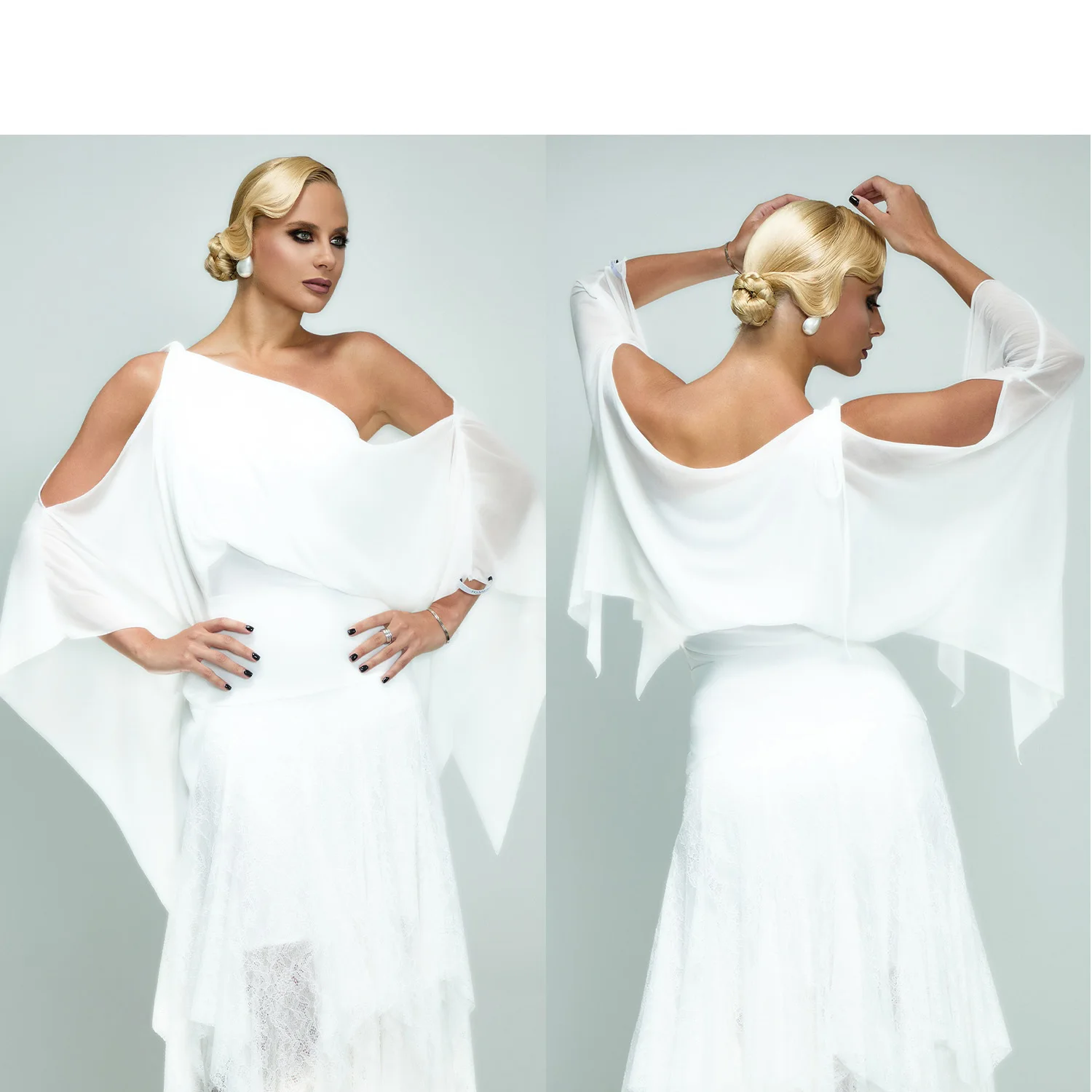 

White Ballroom Dance Clothes Performance Costume Slant Shoulder Tops Lace Skirt Waltz Dance Dress Competition Dress DNV24073