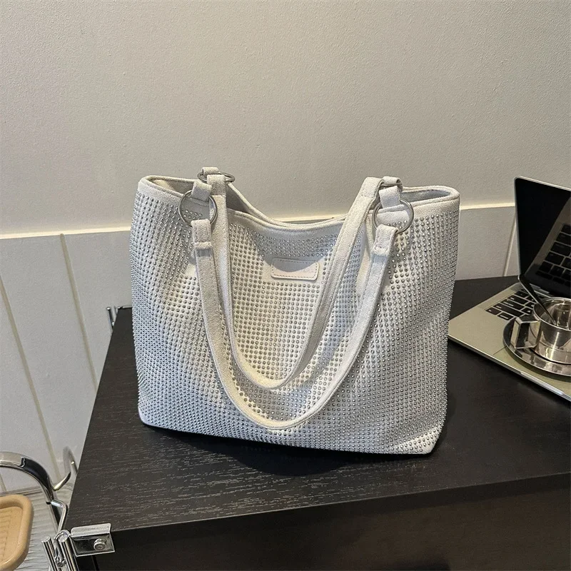 Bolsos de compras de diseño de lujo a la moda para mujer, bolso de hombro de piel sintética de gran capacidad con diamantes de imitación, bolsos de calidad con asa de marca para mujer