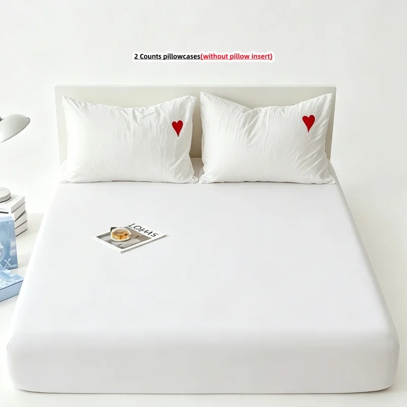 3Pcs Fitted Bed Sheet With Elastic Band Anti-slip Adjustable Mattress Cover red heart Pillowcase without pillow core