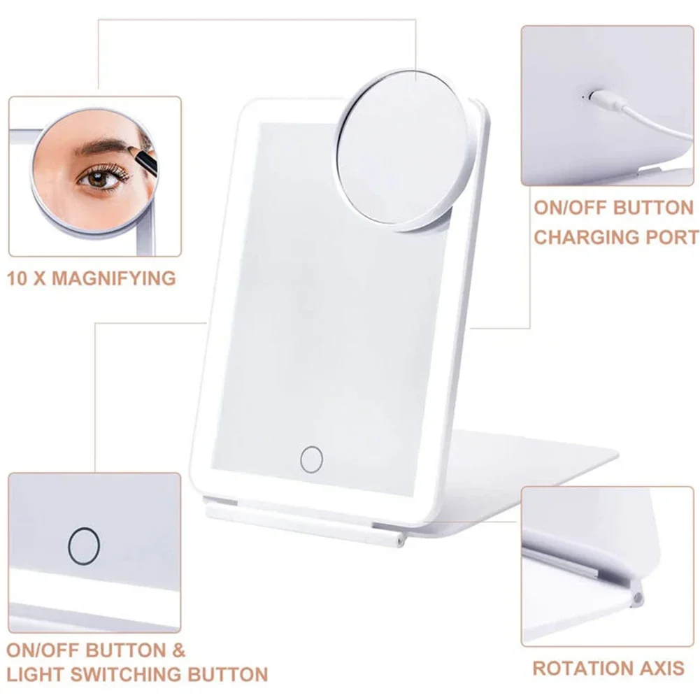 Specchio per il trucco specchio cosmetico pieghevole con Touch Screen USB ricaricabile pieghevole 3 colori modalità luce LED specchio da toeletta con luce da tavolo