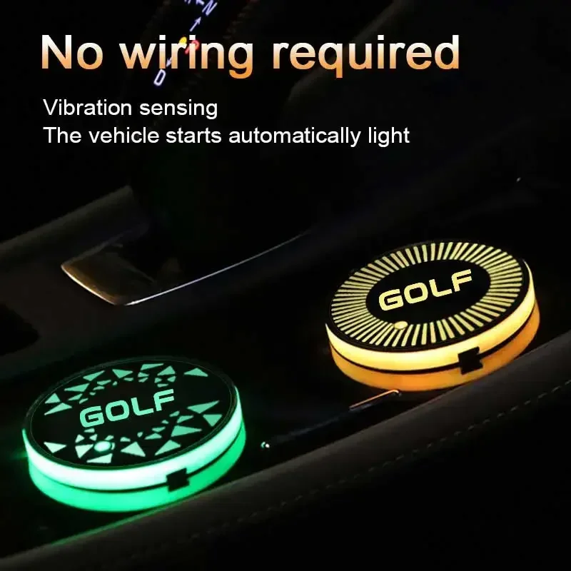 7 Colorful LED Cup Mat Pad for GOLF Logo USB Charging Car Drinks Holders Intelligent Water Coaster Decor Light Accessories