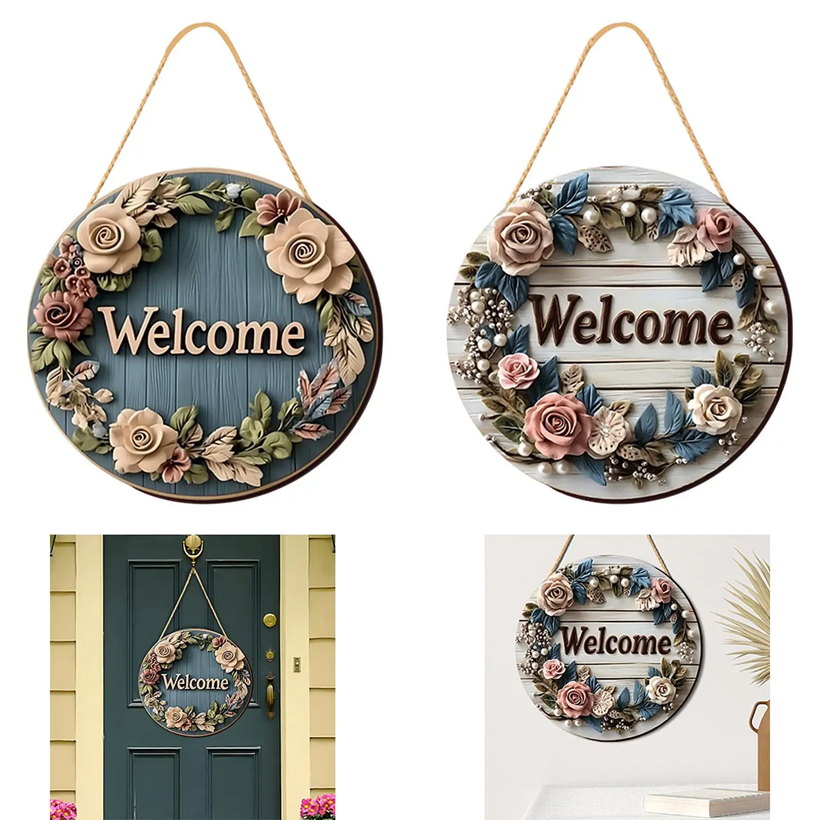 

2x Floral Welcome Signs 2D Front Door Wooden Hanging Signs Round Fireplace Door Hanger Signs Wood Plaque for Bedroom Porch