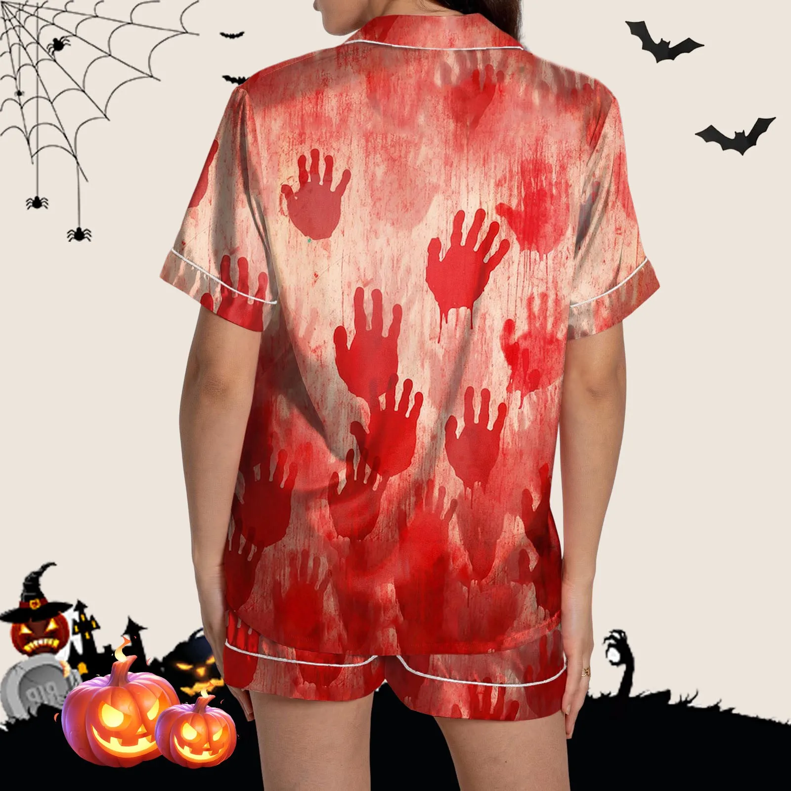 Blood Handprint Pajamas Short-Sleeve Halloween 2 Pieces Casual Pajamas Set Daily Woman V Neck Retro Button Sleepwear Women