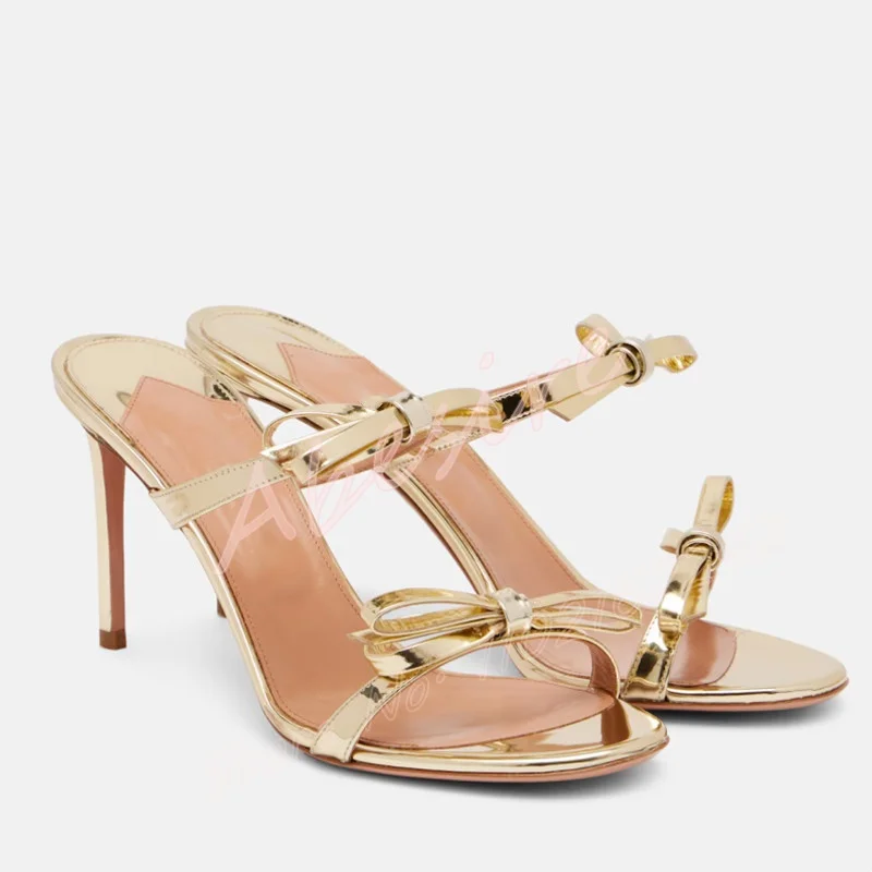

Women'S Gold Bow Open Toe Slippers Round Head Stiletto Shallow Mouth Trendy High Heels Fashion Luxury Party Wedding Slippers 46