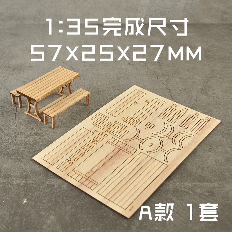 Juego de mesa y sillas en miniatura para bricolaje, diseño de construcción de arquitectura, Kits ensamblados de madera para Diorama, escala 1:35