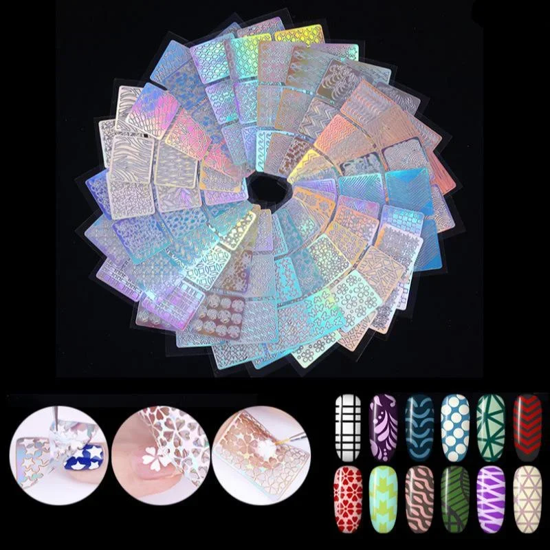 

12 /24Sheet Nail Art Vinyl Stencil Template Kits Guide Sticker Manicure Curved Wave Laser Tip