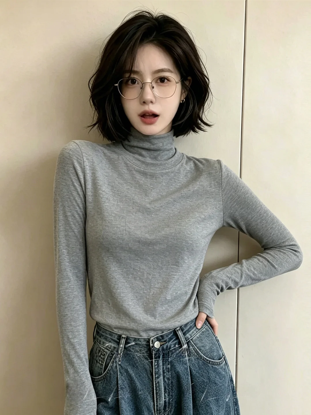 Fleece Lined High Collar Long Sleeve Women's T-Shirt Slim Fit Flattering Base Layer Shirt Grey Elastic Comfortable Autumn Win...