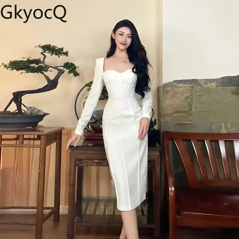 

GkyocQ French Elegant Women Dress Square Collar Long Sleeve High Waist Slim White Long Dresses Mature Fashion Female Vestidos