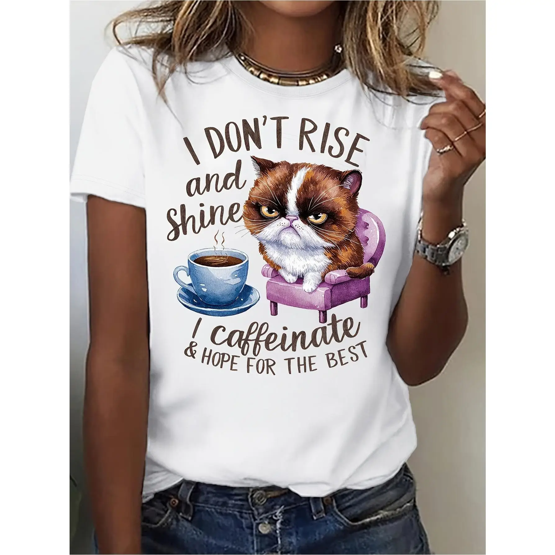 

Funny Cat Lover Women's T-Shirt - "I Don't Rise & Shine" Slogan & Coffee Design, Breathable Fit Short Sleeve Round Neck Tee For