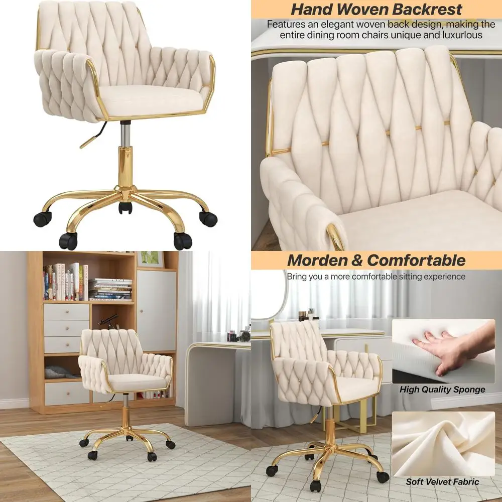 

Бежевое бархатное кресло для домашнего офиса: регулируемый по высоте табурет для туалетного столика с поворотным основанием и плетеной спинкой для спальни, кабинета или гардеробной