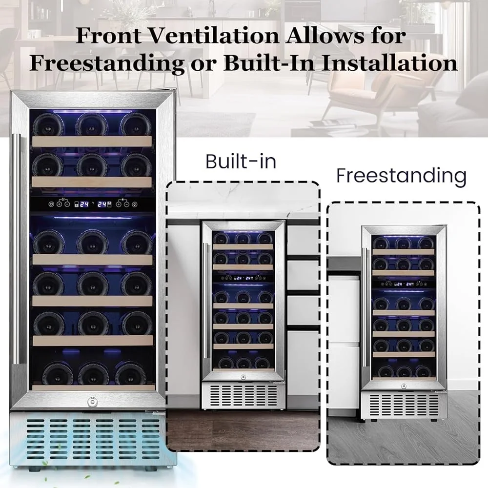 28 زجاجة النبيذ الثلاجة قائما بذاته المدمج في نطاق درجة حرارة المبرد 41F-68F باب زجاجي التهوية الأمامية التحكم الرقمي
