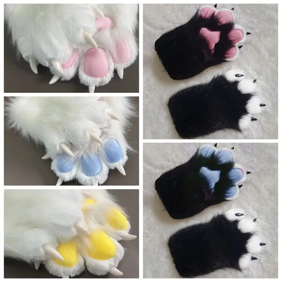 Reheyre Guantes De Cosplay De Pata De Gato - Suaves, Blancos Y Peludos Con Almohadillas Rosas Y Garras, Accesorio Para Disfraces Y Fiestas Temáticas