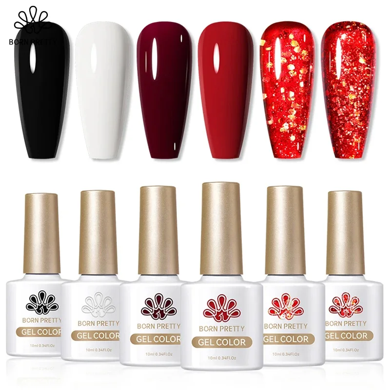 BORN PRETTY Gel Nail Polish Set of 6 Colors Basic Black White Red 10ml Varnis Semi Permanent Soak Off UV LED Gel Set