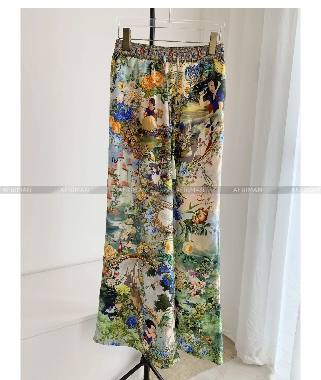 2024 Cartoon Print Heavy Beaded Silk Shirt+ Elastic Waist Wide Leg Long Pants Set