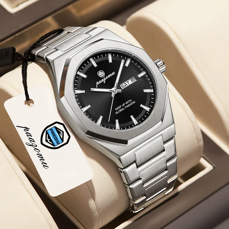 PAAZOMU Herren-Businessuhr, wasserdicht, Edelstahl, leuchtende Quarz-Armbanduhr, Datums- und Wochenanzeige, Sport-Herrenuhr, Reloj Hombre