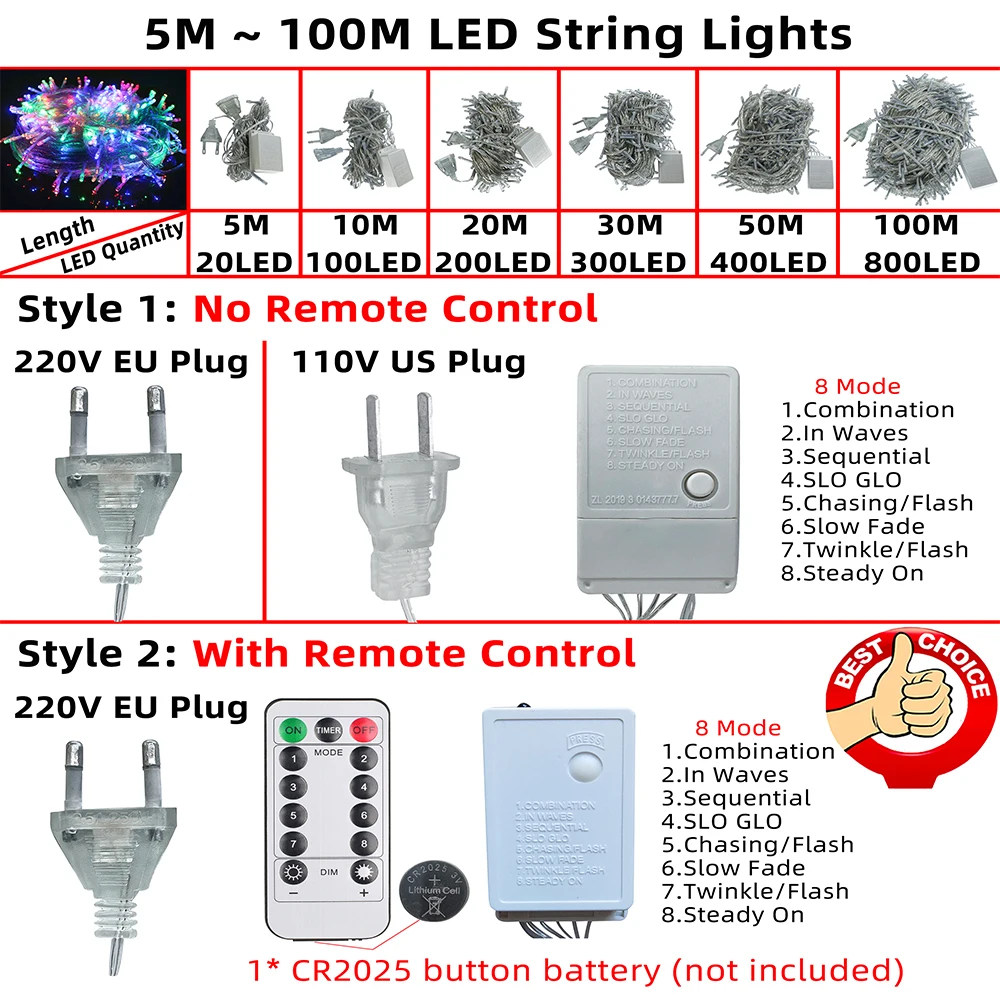 야외 방수 LED 램프, 크리스마스 트리, 화환 스트링 조명, 결혼식 및 파티 장식, 요정 조명, AC 110V, 220V, 100M, 800LED