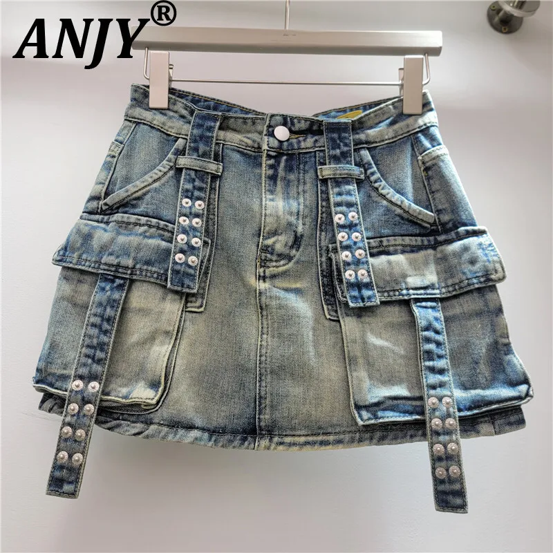 

ANJY Summer New Women Streetwear Tide Short Skirt Stylish Multi-Pocket Vintage Distressed A-line Denim Skirts Safari Style A8728