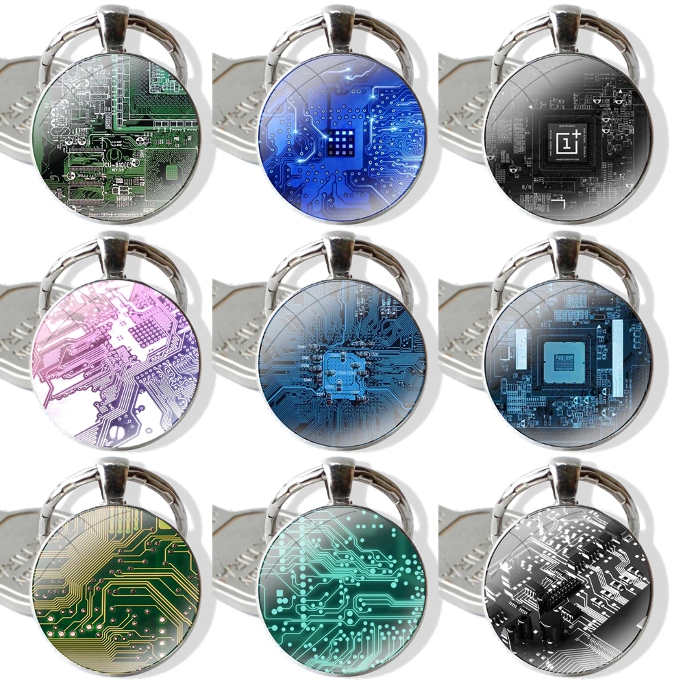 Circuit board Computer Motherboard Keychain Handmade Glass Cabochon Key Ring Holder Pendant Key Chains