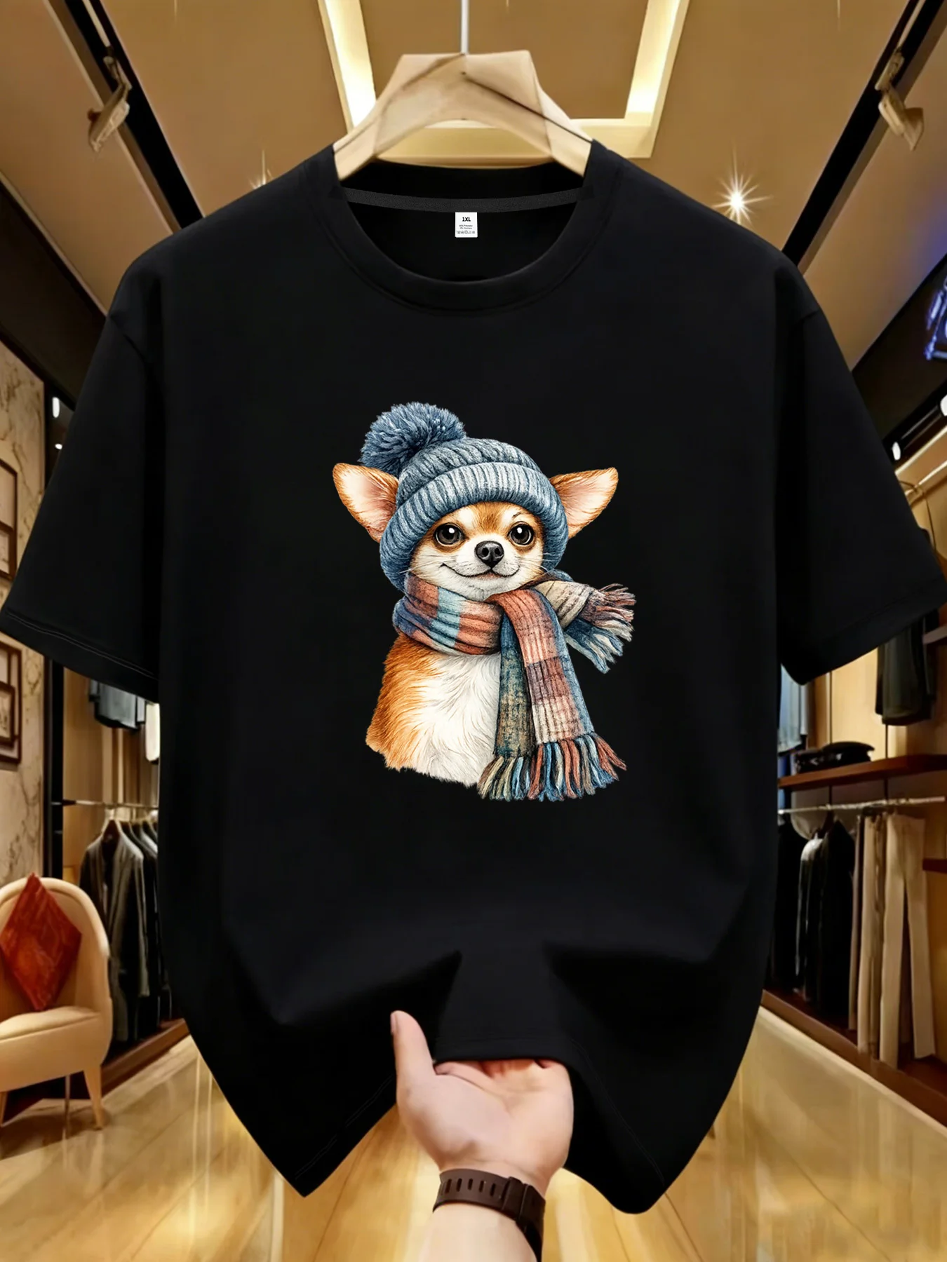 

【YJ00025】Футболка женская больших размеров с круглым вырезом, короткими рукавами, эластичными рукавами до локтя и модными принтами, с изображением щенка в шапке.