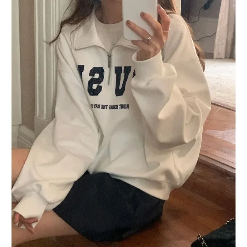 Gray Zipper Sweatshirts Women Vintage Korean Fashion Casual Cropped Pullovers Preppy Style White Oversized Hoodies Chic