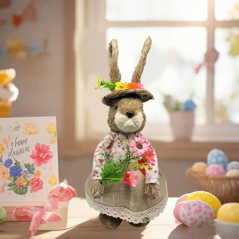 QX2E Grass Woven Easter Rabbit Decoration for Mantel Holiday Party Table Centerpieces