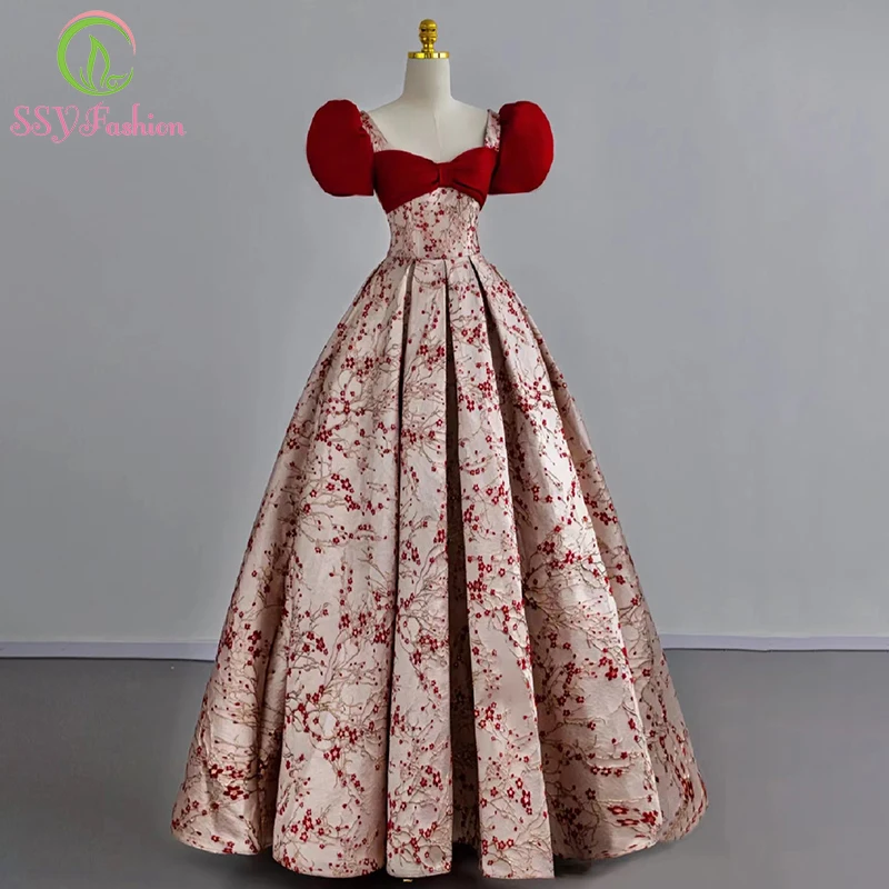 Customized   Banquet Elegant Evening Dress for Women Chinese Style Plum Blossom Satin Puff Sleeve A-line Formal Party Gowns