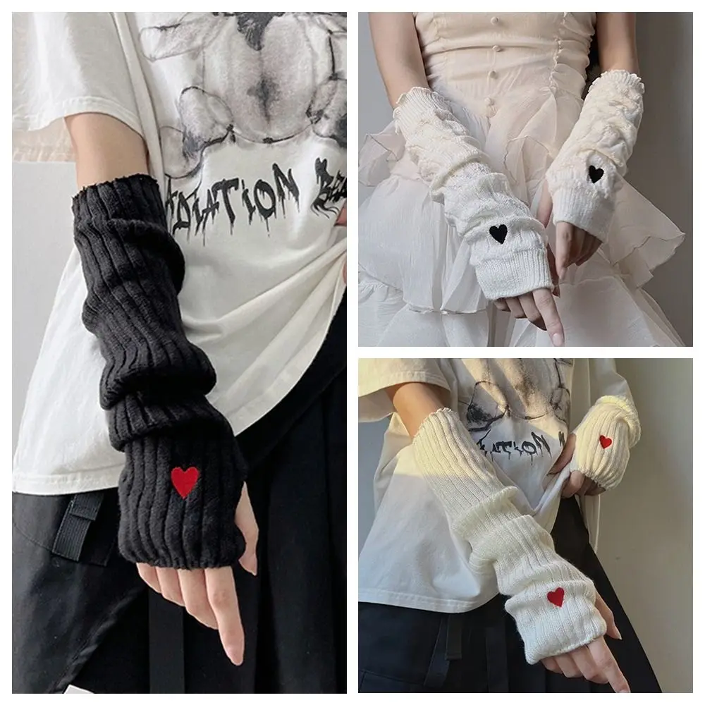 Elastic Y2K Warm Sleeves Love Long Mittens Embroidery Heart Knitted Arm Warmers Korean Style Sweet Fingerless Gloves